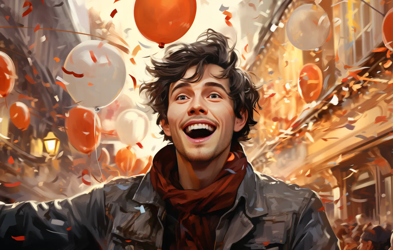 Photo wallpaper Home, Look, Smile, Christmas, New year, Guy, Balloons, Joy