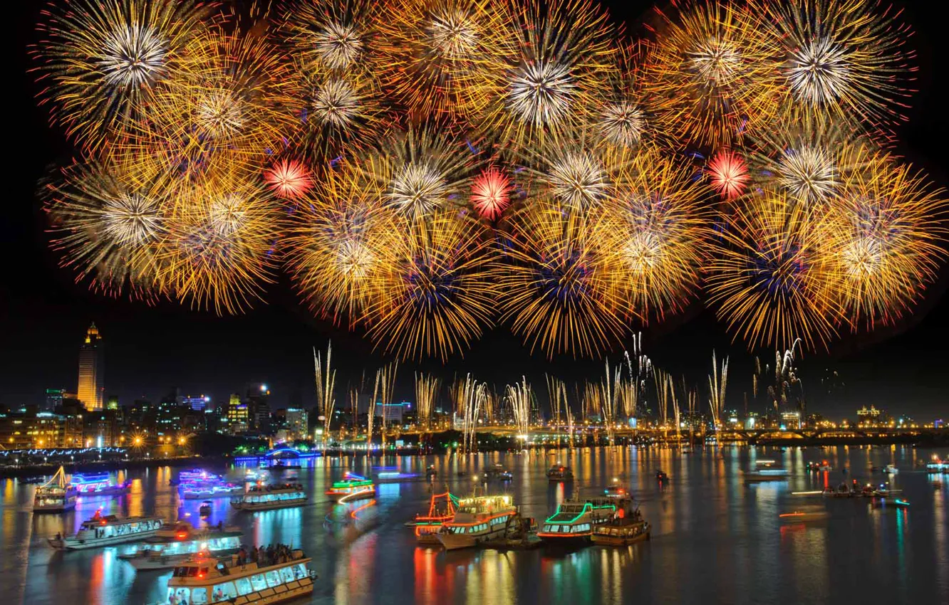 Photo wallpaper ships, salute, New Year, Taiwan, fireworks, harbour, Taipei