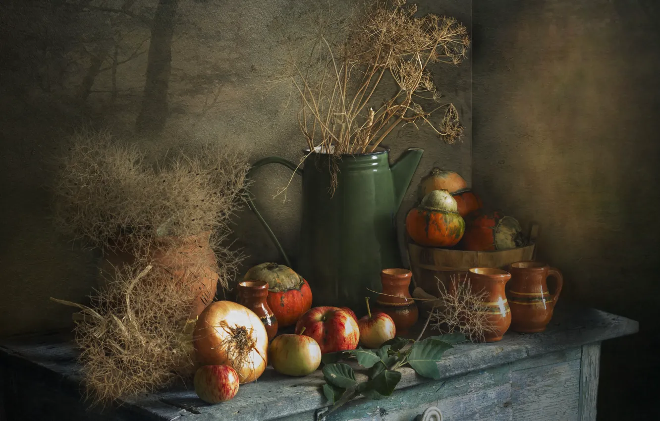 Photo wallpaper leaves, table, apples, kettle, bow, dill, dry, pumpkin