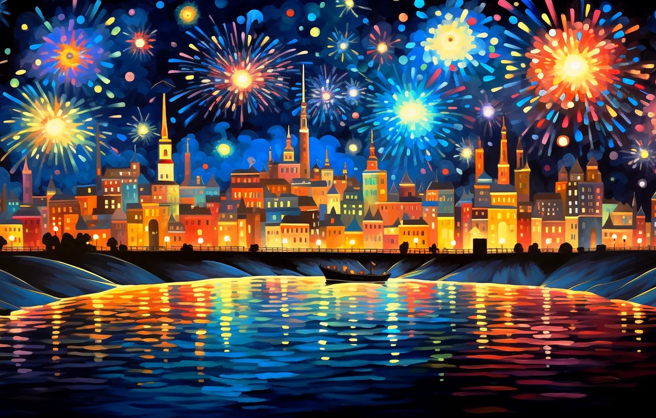 Photo wallpaper night, the city, lights, the dark background, holiday, graphics, building, new year