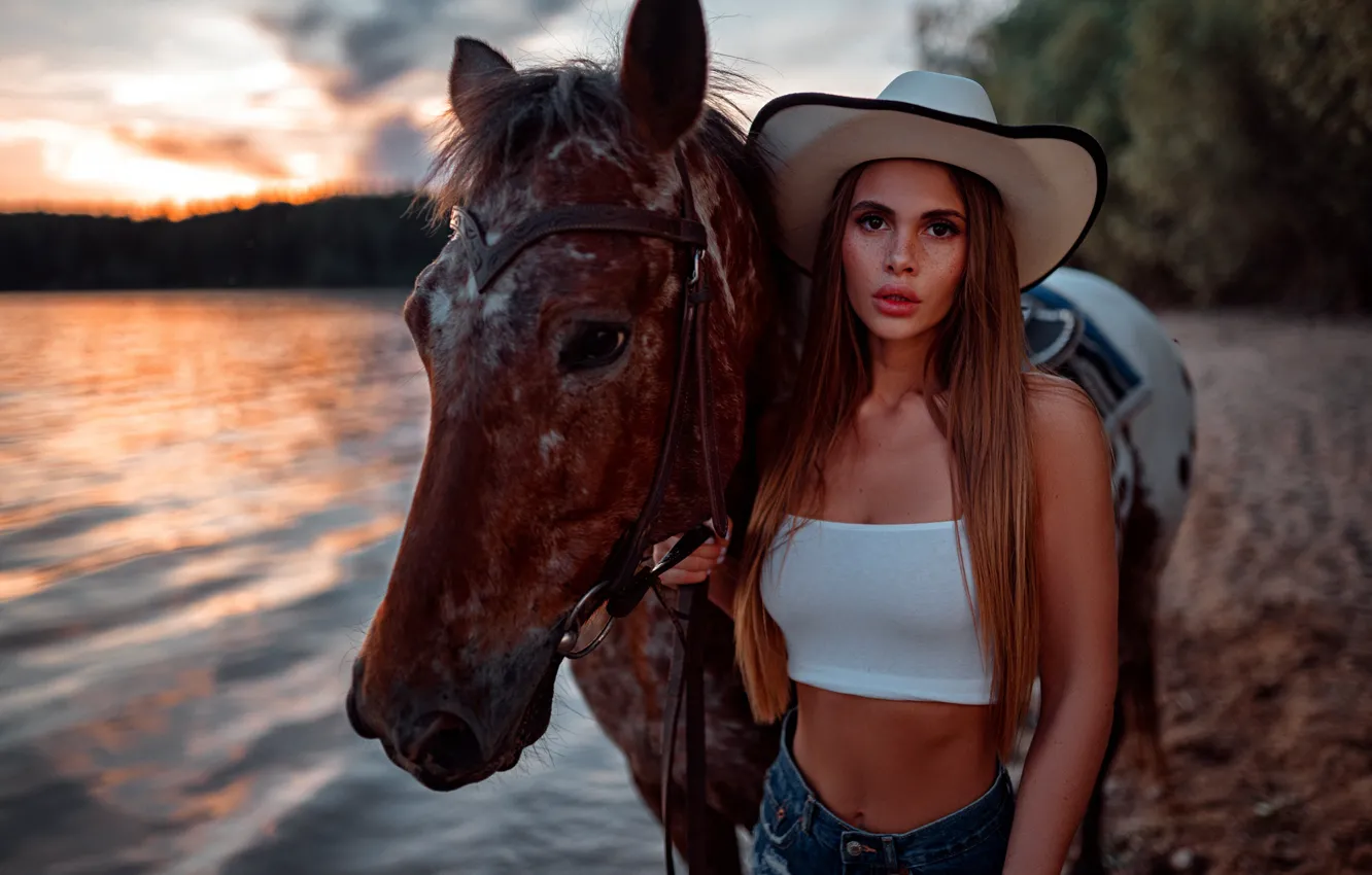 Photo wallpaper look, nature, sexy, pose, river, model, horse, shorts