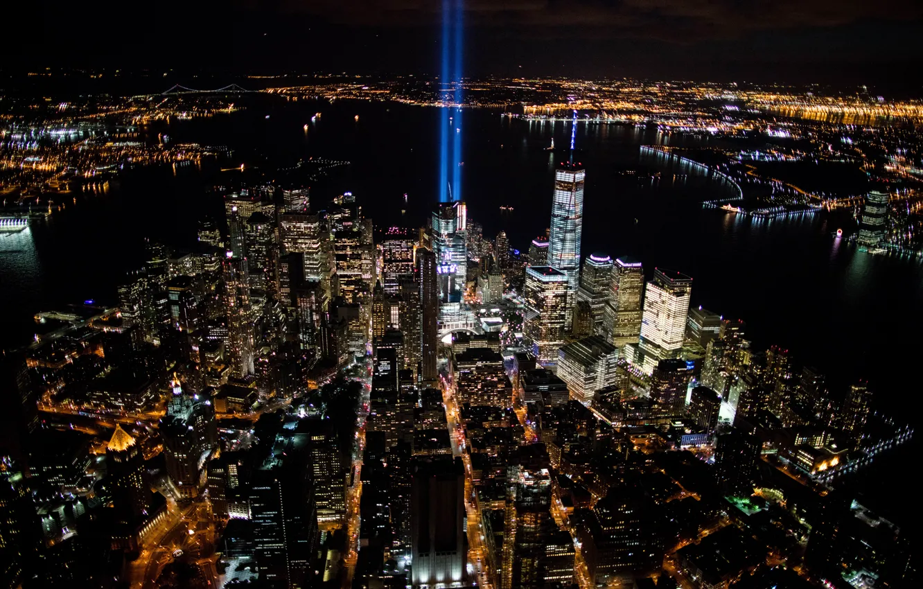 Photo wallpaper night, bridge, lights, home, New York, skyscrapers, panorama, Bay