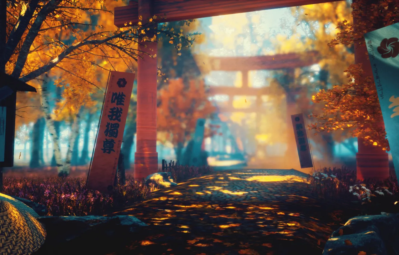 Photo wallpaper autumn, nature, sword, art, torii