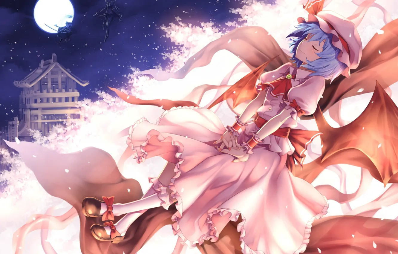 Photo wallpaper bows, the full moon, cap, blue hair, closed eyes, vampire, Touhou Project, Remilia Scarlet