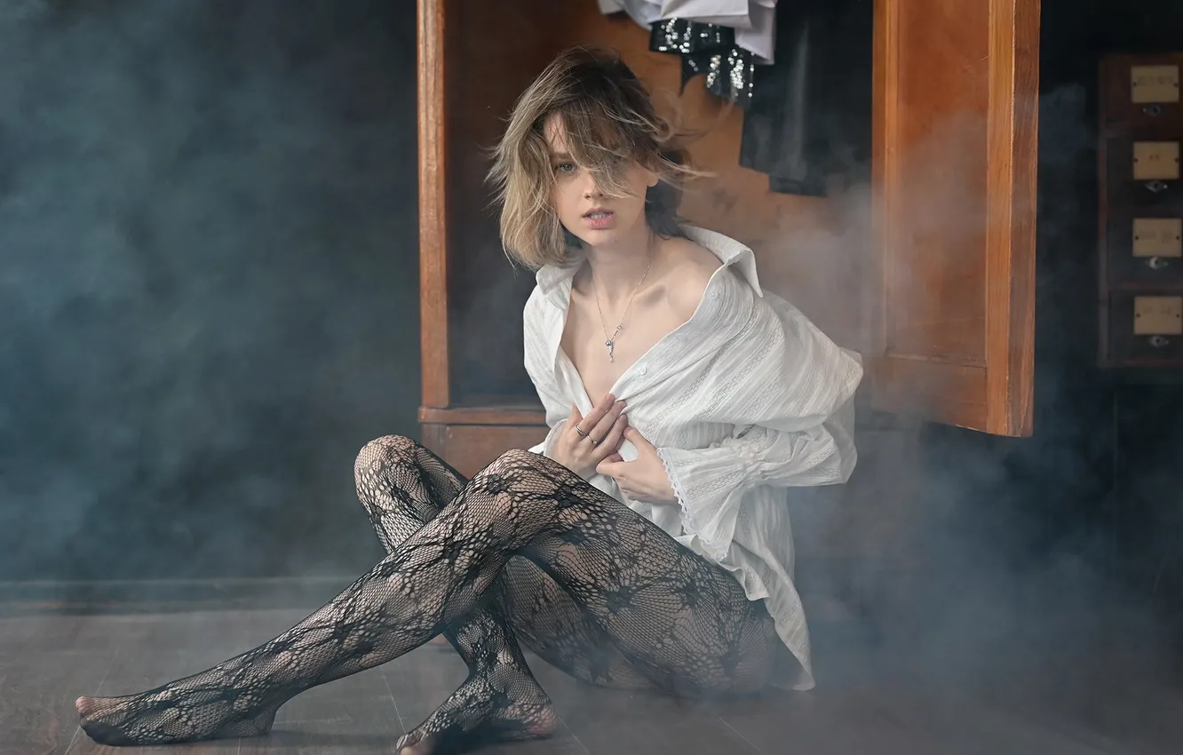 Photo wallpaper girl, pose, hair, smoke, blouse, tights, legs, mesh
