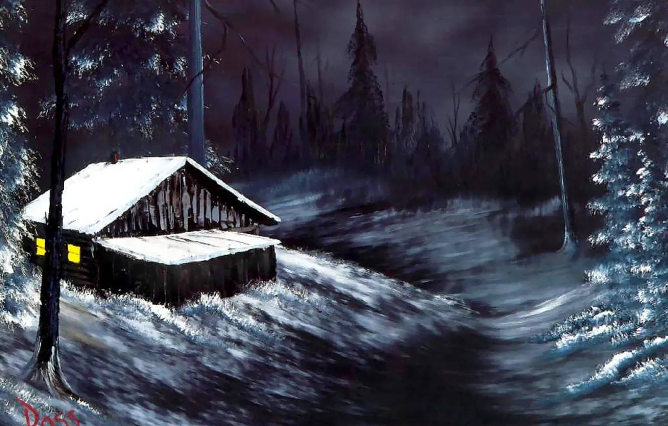 Photo wallpaper winter, forest, light, snow, landscape, night, house, fire