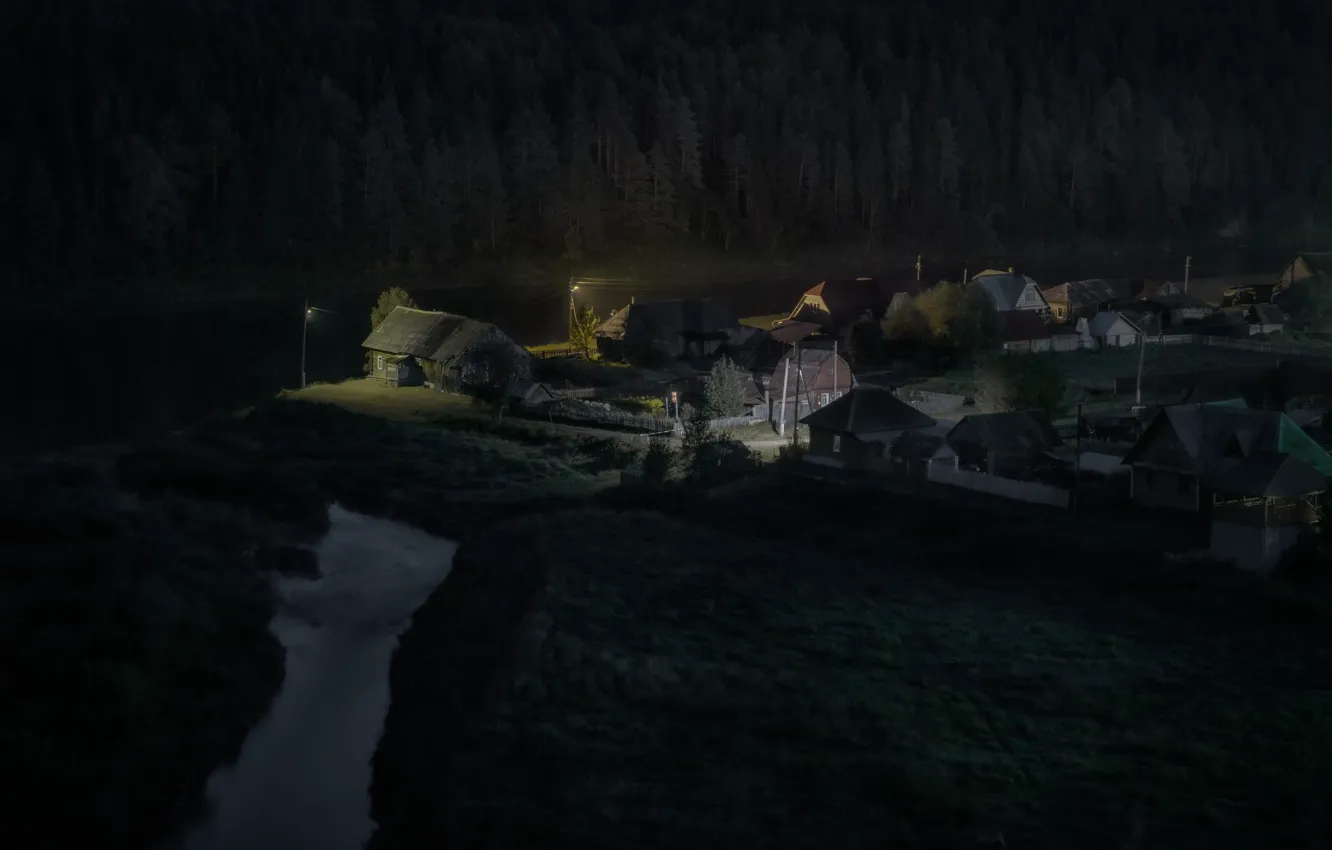 Photo wallpaper forest, landscape, night, nature, river, village, home, lighting