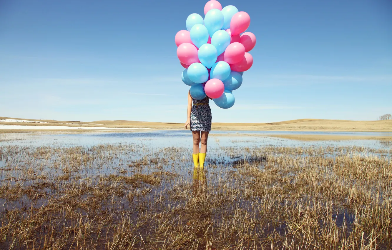 Photo wallpaper field, the sky, girl, balls, feet, shoes, dress, farm