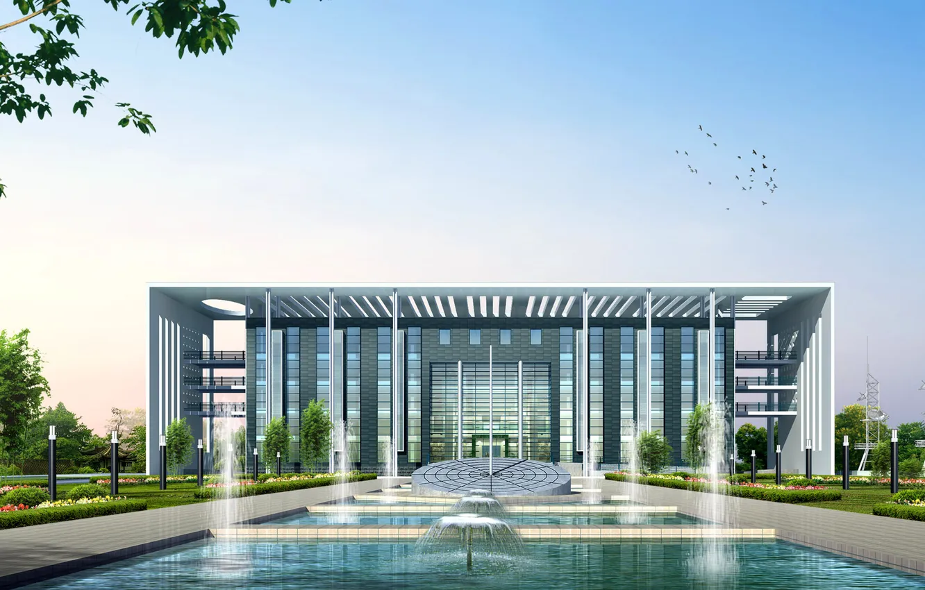 Photo wallpaper the sky, the city, Park, bird, building, fountain, architecture, the project