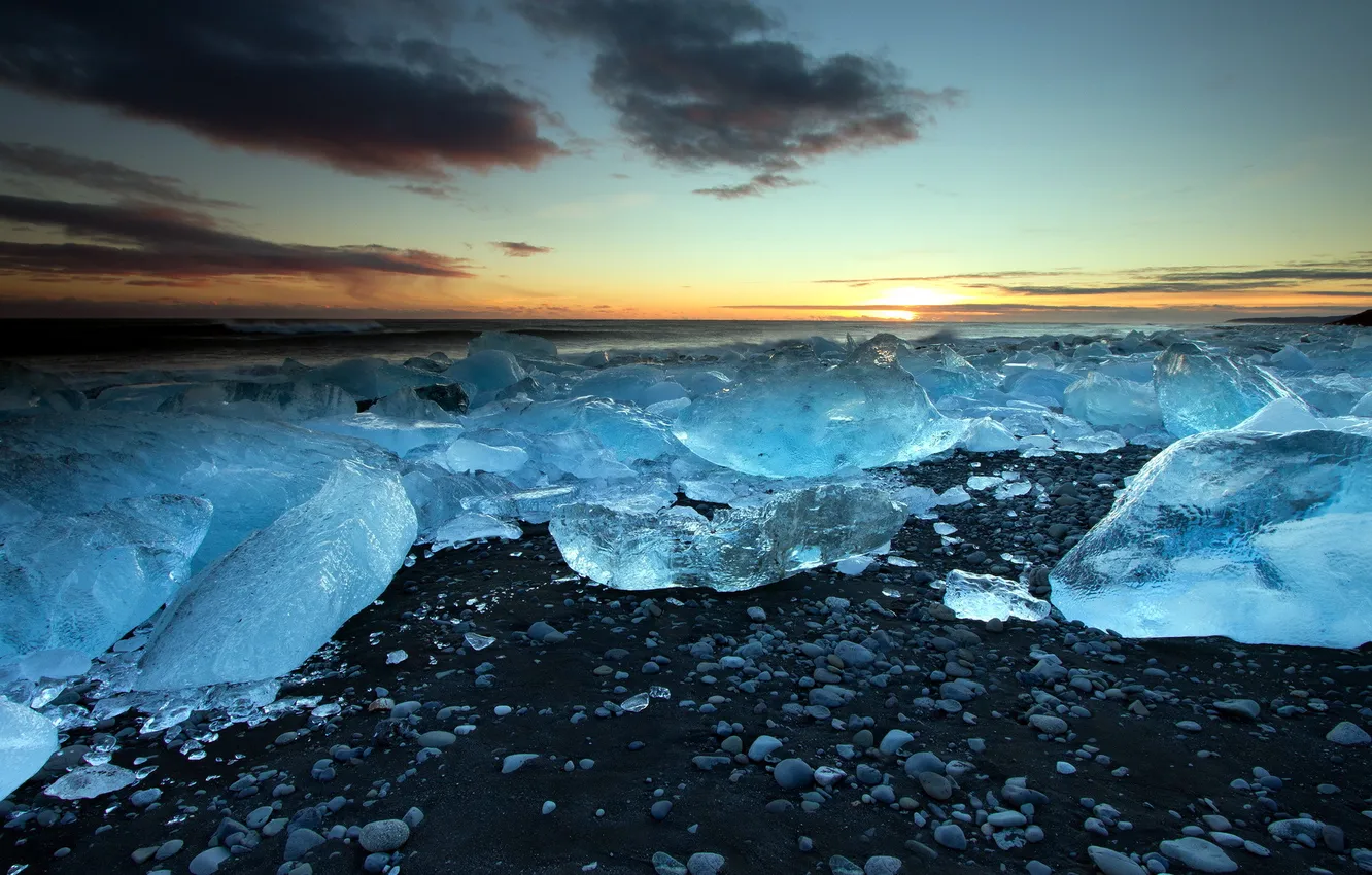Photo wallpaper sea, landscape, sunset, ice