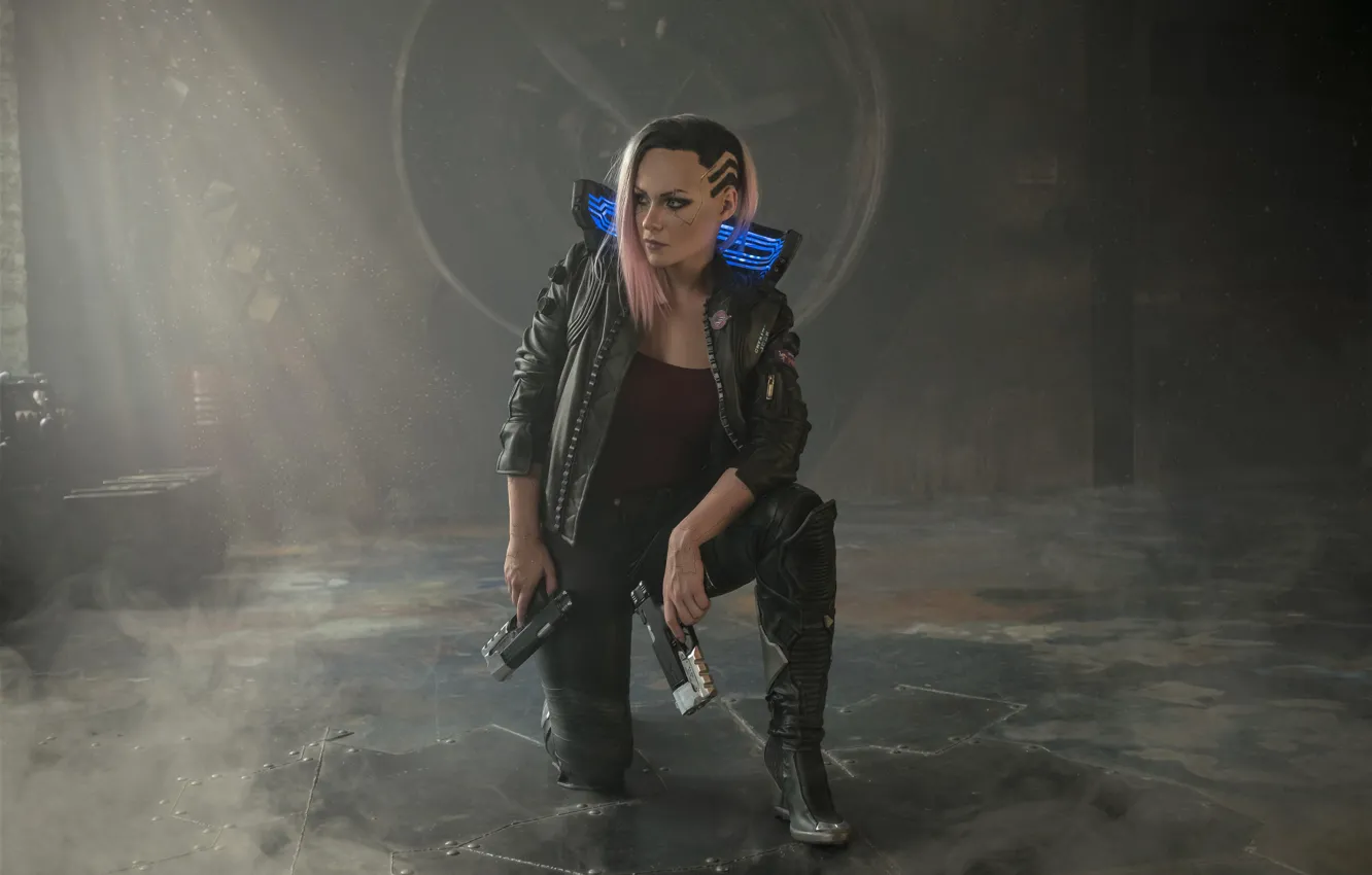 Photo wallpaper girl, pink hair, Cyberpunk 2077, Woman Warrior