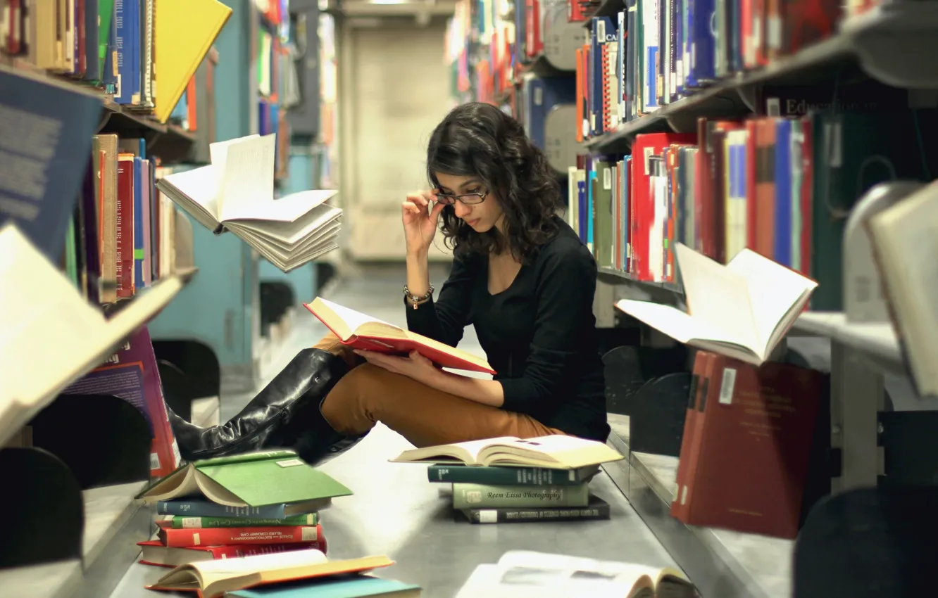 Photo wallpaper girl, book, library