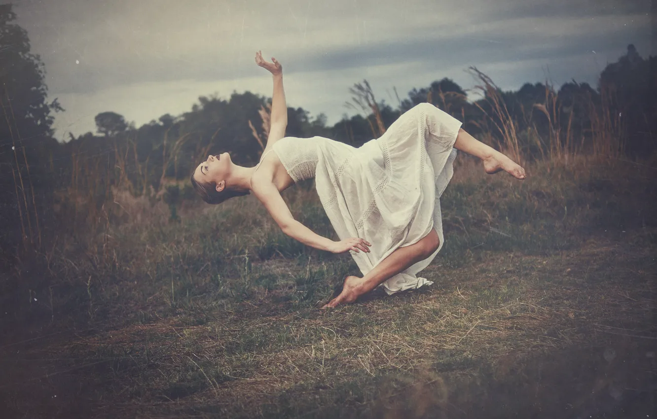 Photo wallpaper field, forest, grass, girl, flight, nature, pose, feet