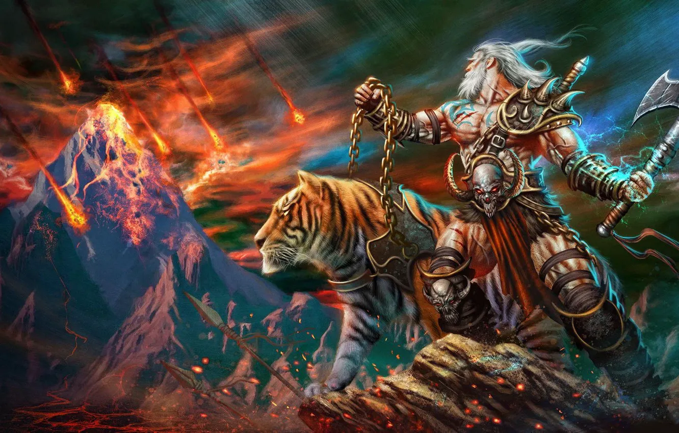 Photo wallpaper tiger, rain, the game, asteroids, male, axe, game, Diablo 3