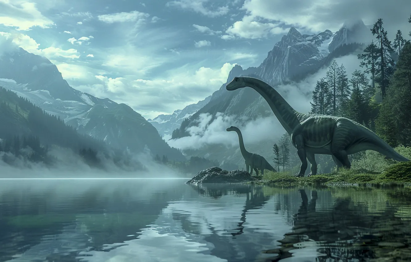 Photo wallpaper trees, mountains, river, animal, dinosaur, two, digital art, Ancient animals