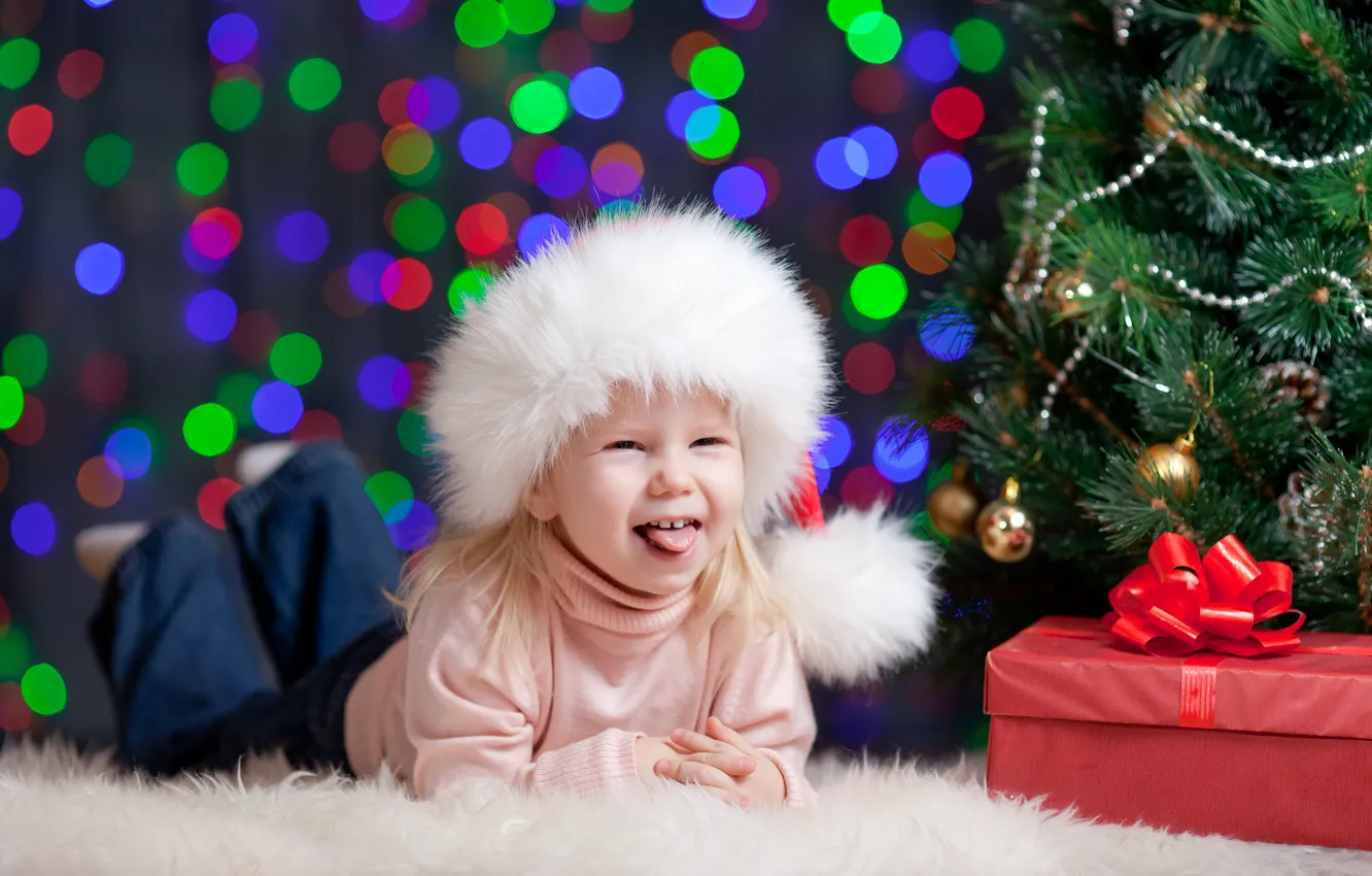 Photo wallpaper joy, children, box, gift, tree, girl, cap, Christmas decorations