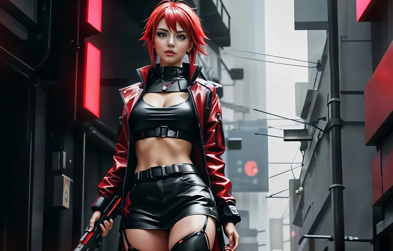 Photo wallpaper girl, shorts, redhead, AI Art