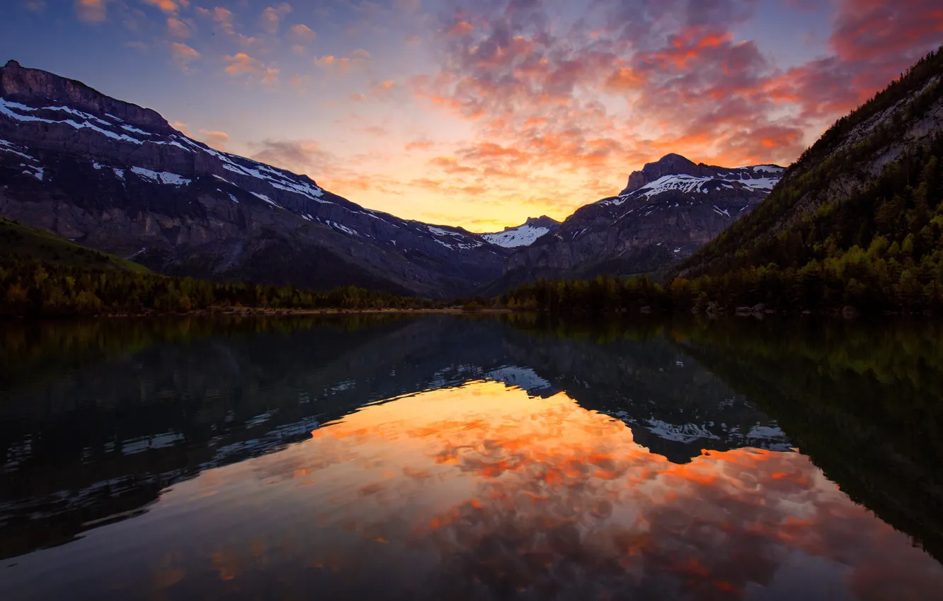 Photo wallpaper forest, the sky, clouds, landscape, sunset, mountains, nature, lake