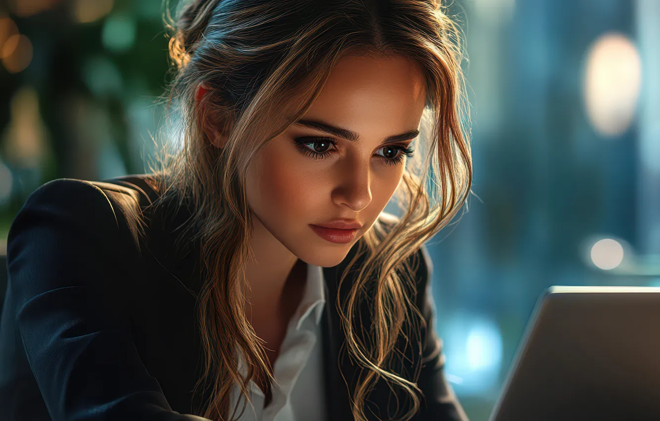 Photo wallpaper look, girl, face, portrait, office, laptop, AI art, neural network
