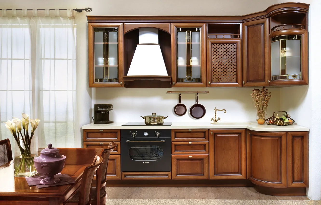 Photo wallpaper flowers, design, table, interior, chair, kitchen, vase, wardrobe