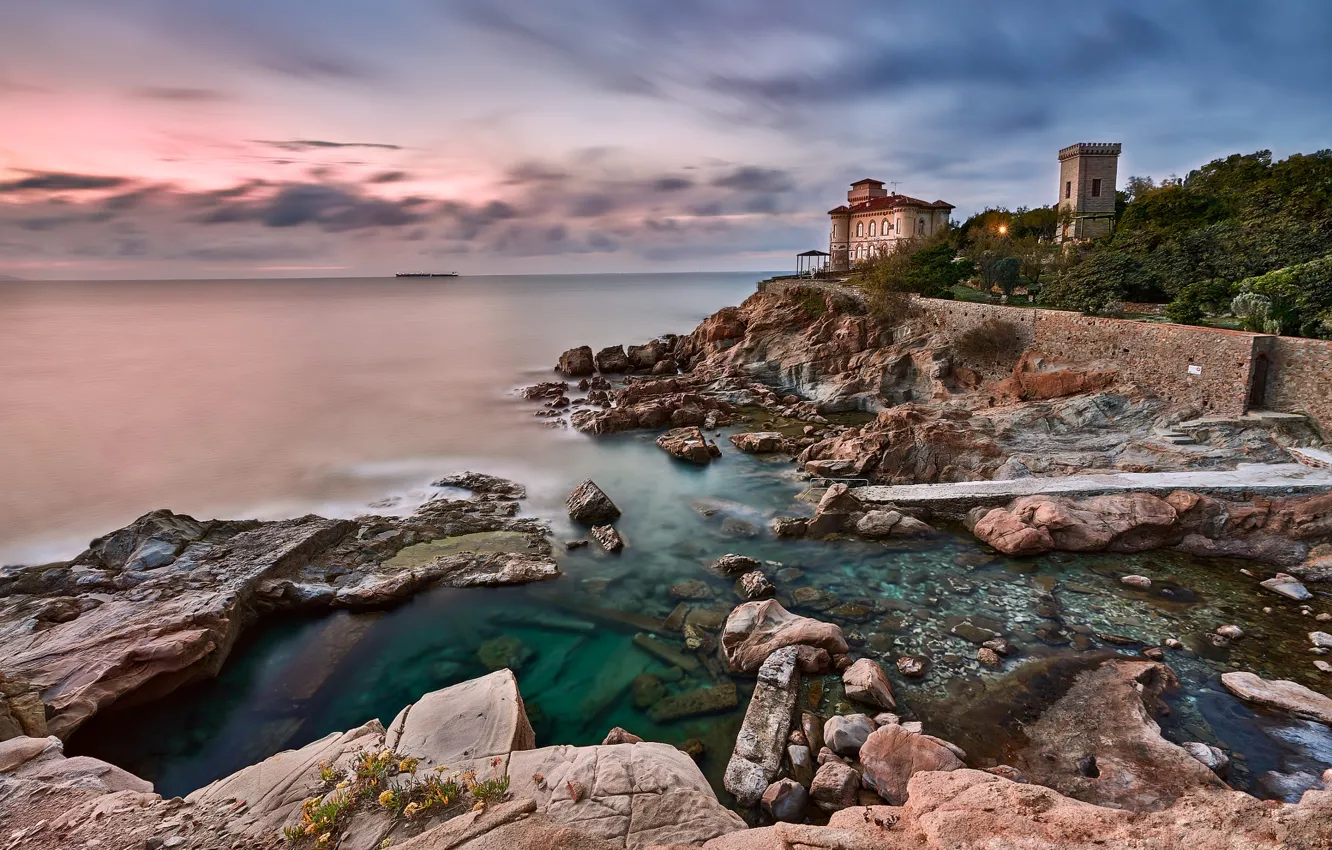 Photo wallpaper sea, clouds, landscape, nature, house, stones, tower, Italy