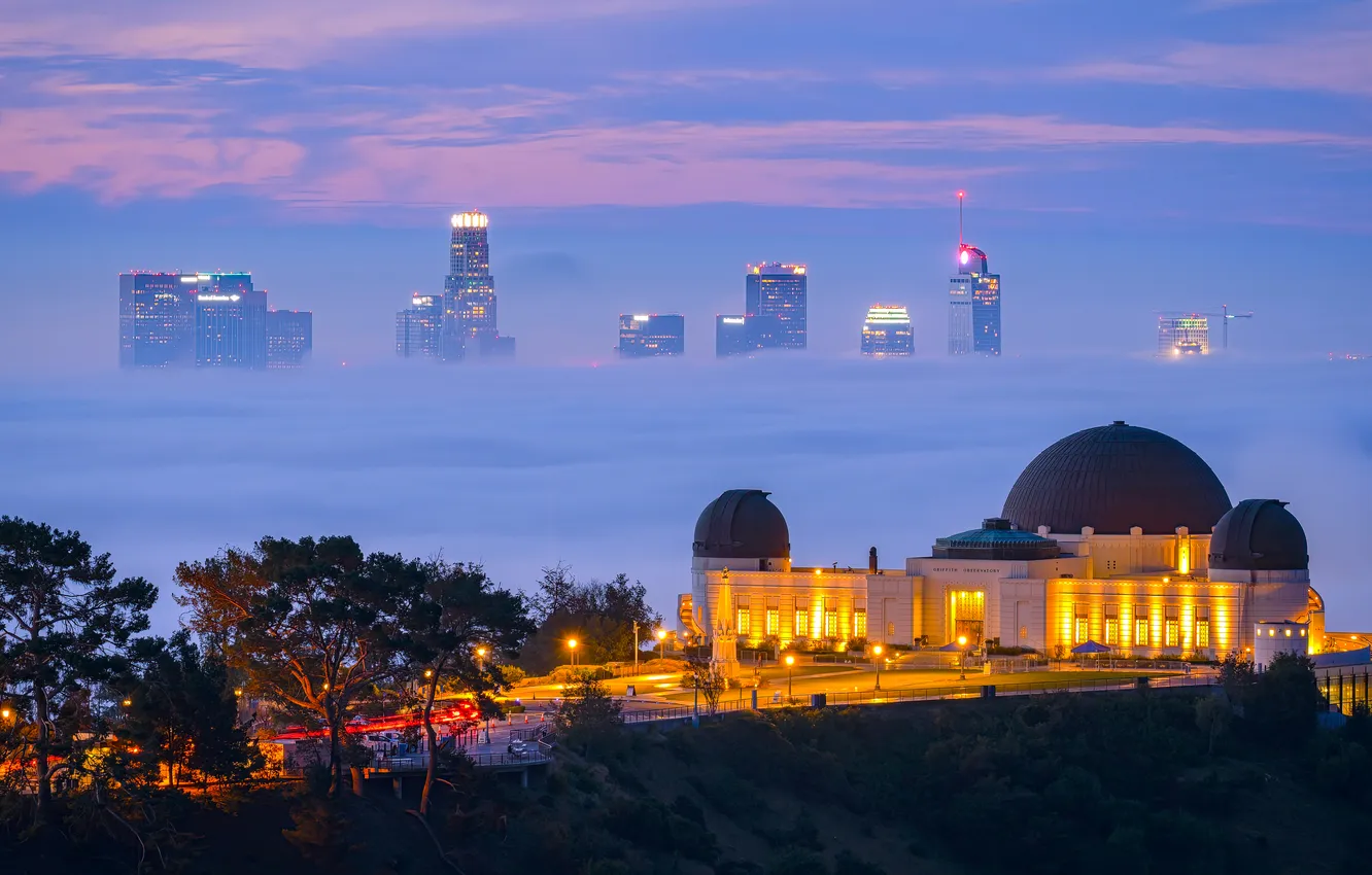 Photo wallpaper city, lights, USA, sky, trees, sunset, Los Angeles, California