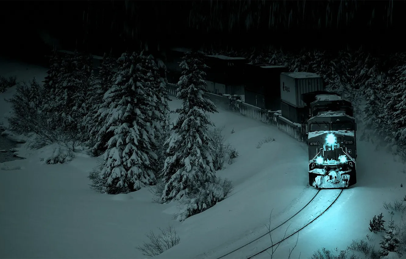 Photo wallpaper snow, night, the darkness, rails, train, spruce, Forest, locomotive