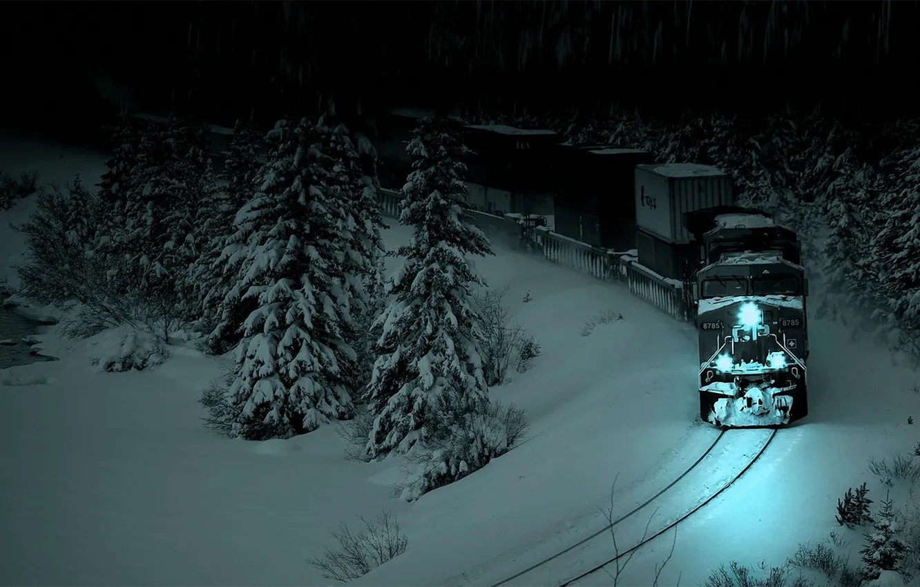 Photo wallpaper forest, snow, night, the darkness, rails, train, spruce, locomotive