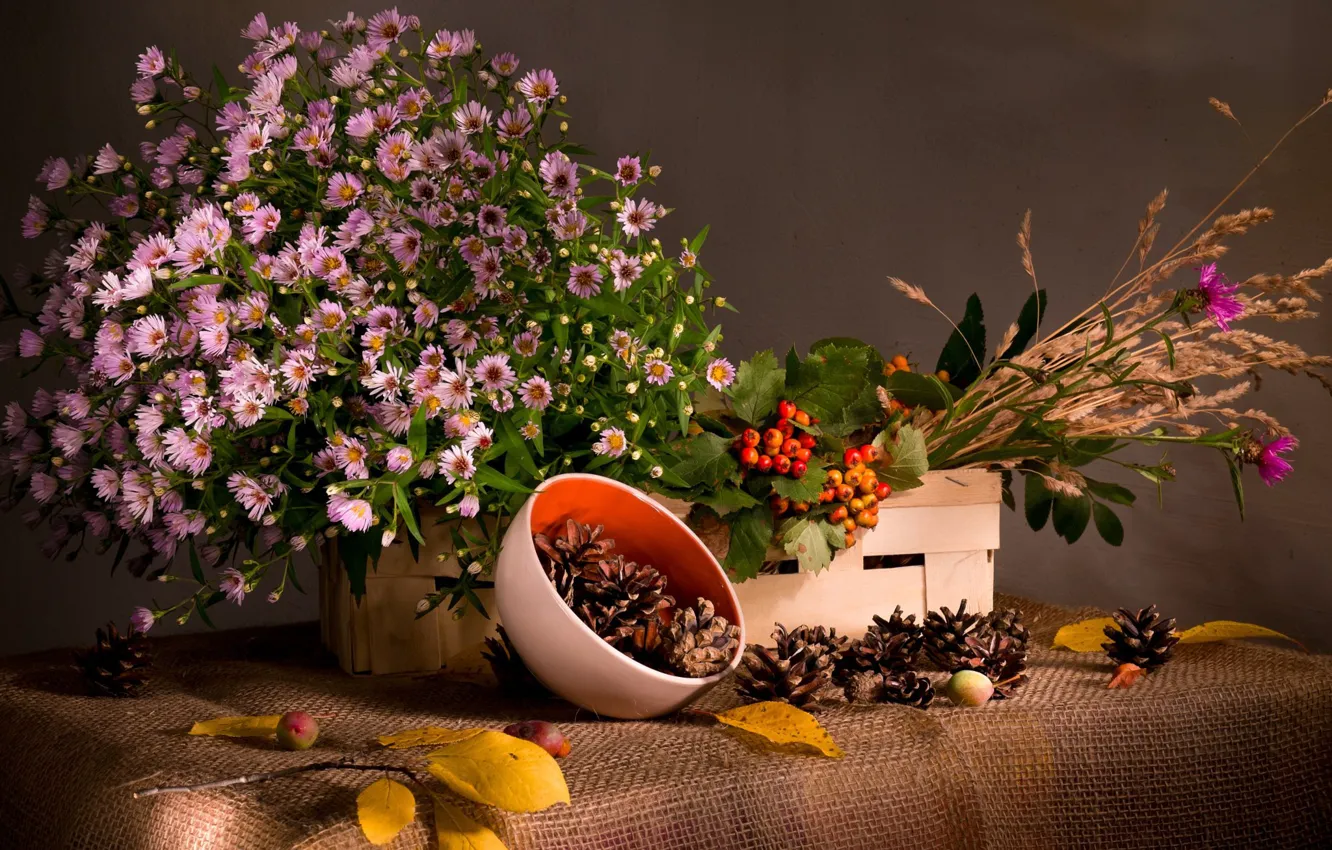 Photo wallpaper grass, leaves, flowers, berries, branch, fabric, bowl, still life