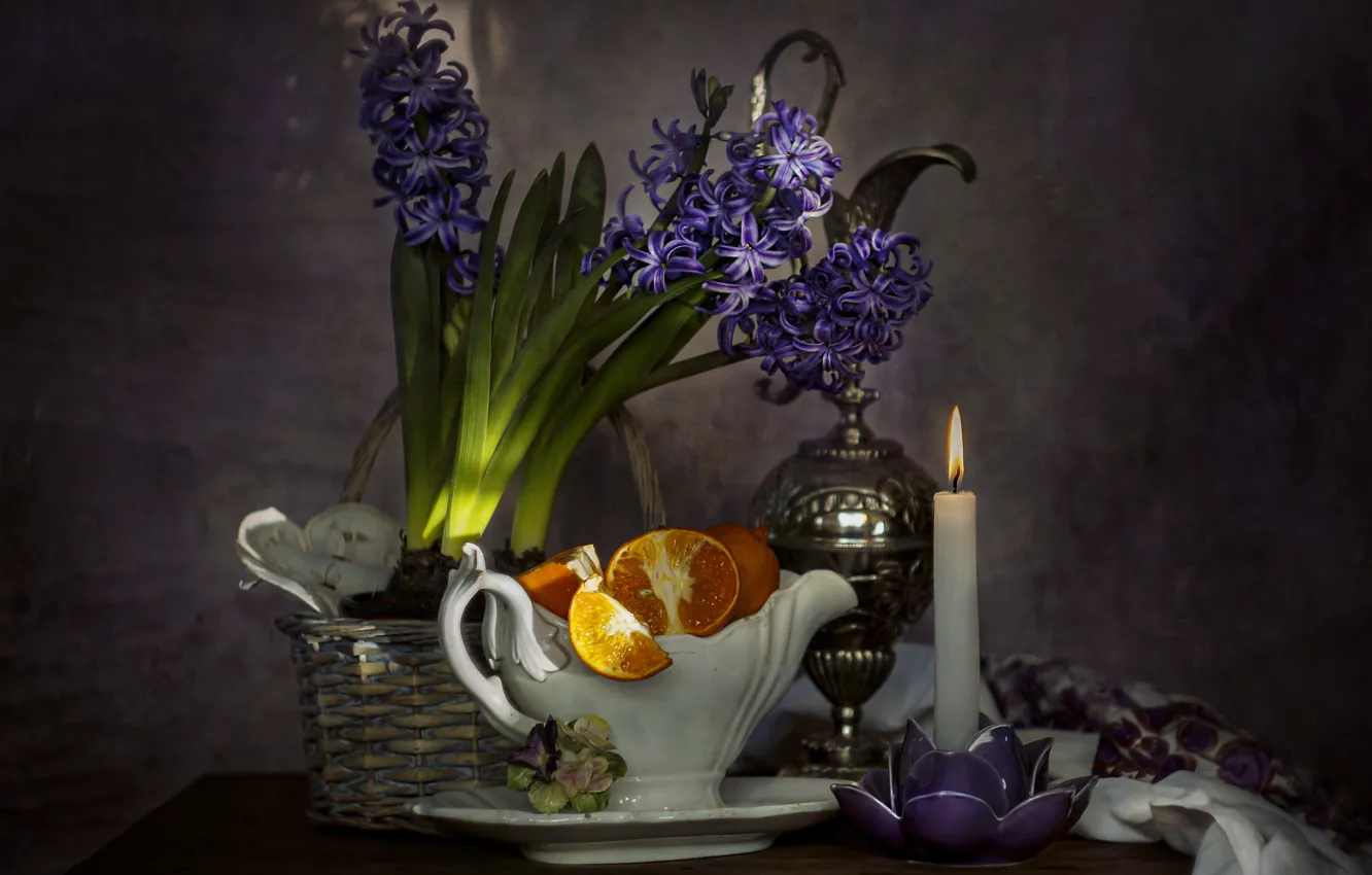 Photo wallpaper flowers, orange, candle, still life, hyacinths