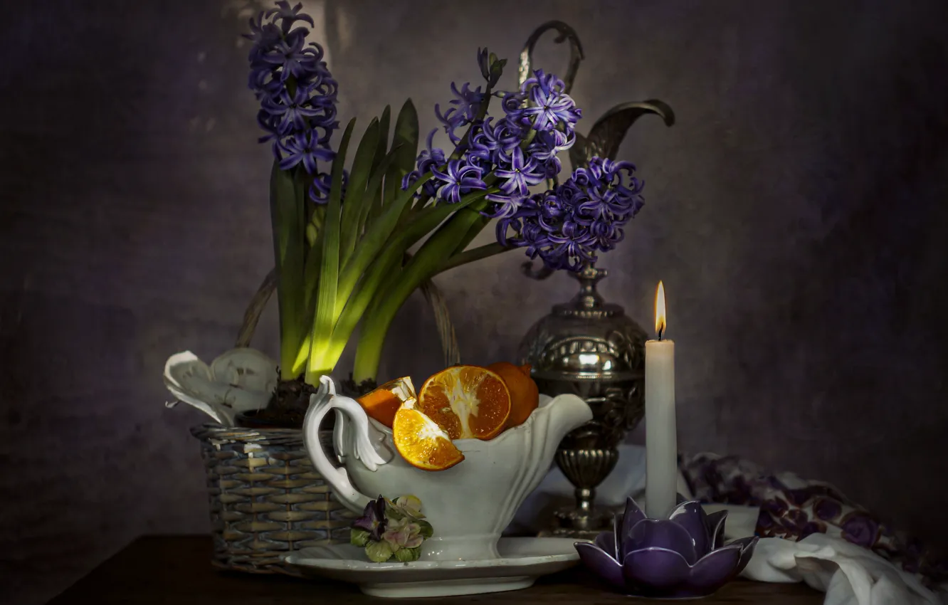 Photo wallpaper flowers, orange, candles, still life, hyacinths