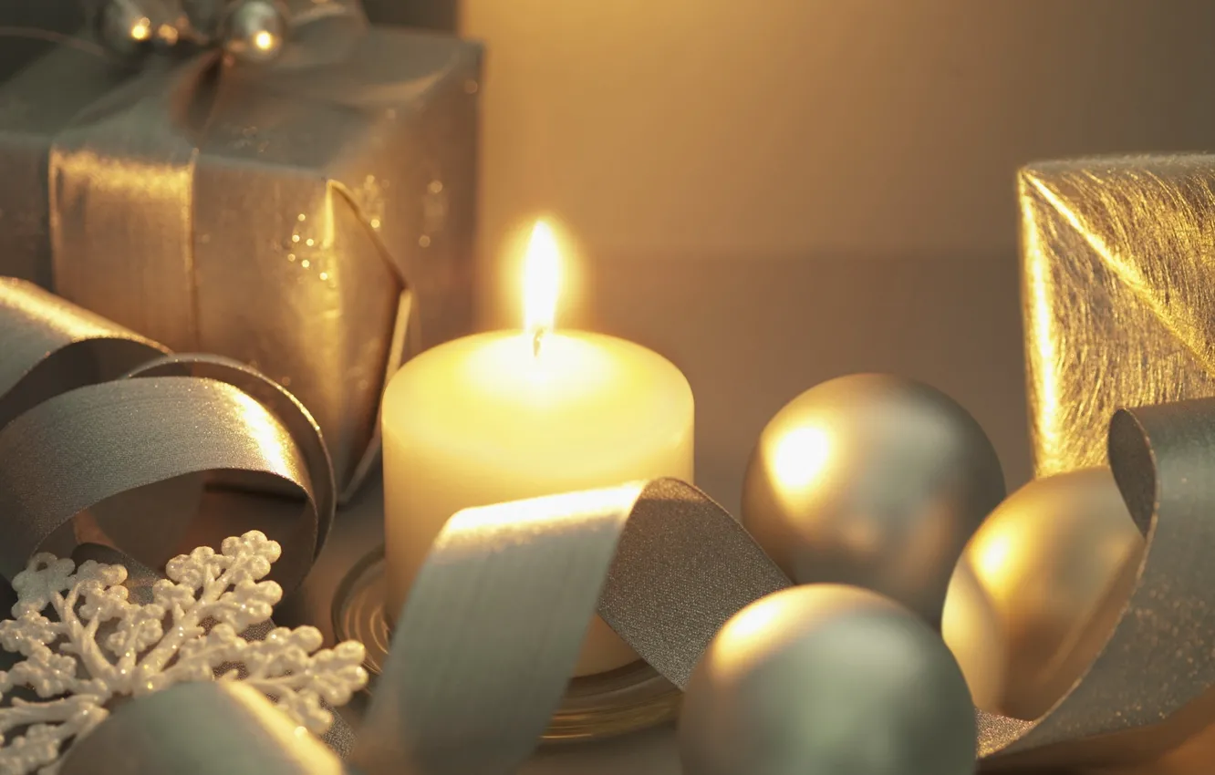 Photo wallpaper winter, snow, snowflakes, holiday, gift, balls, toy, new year