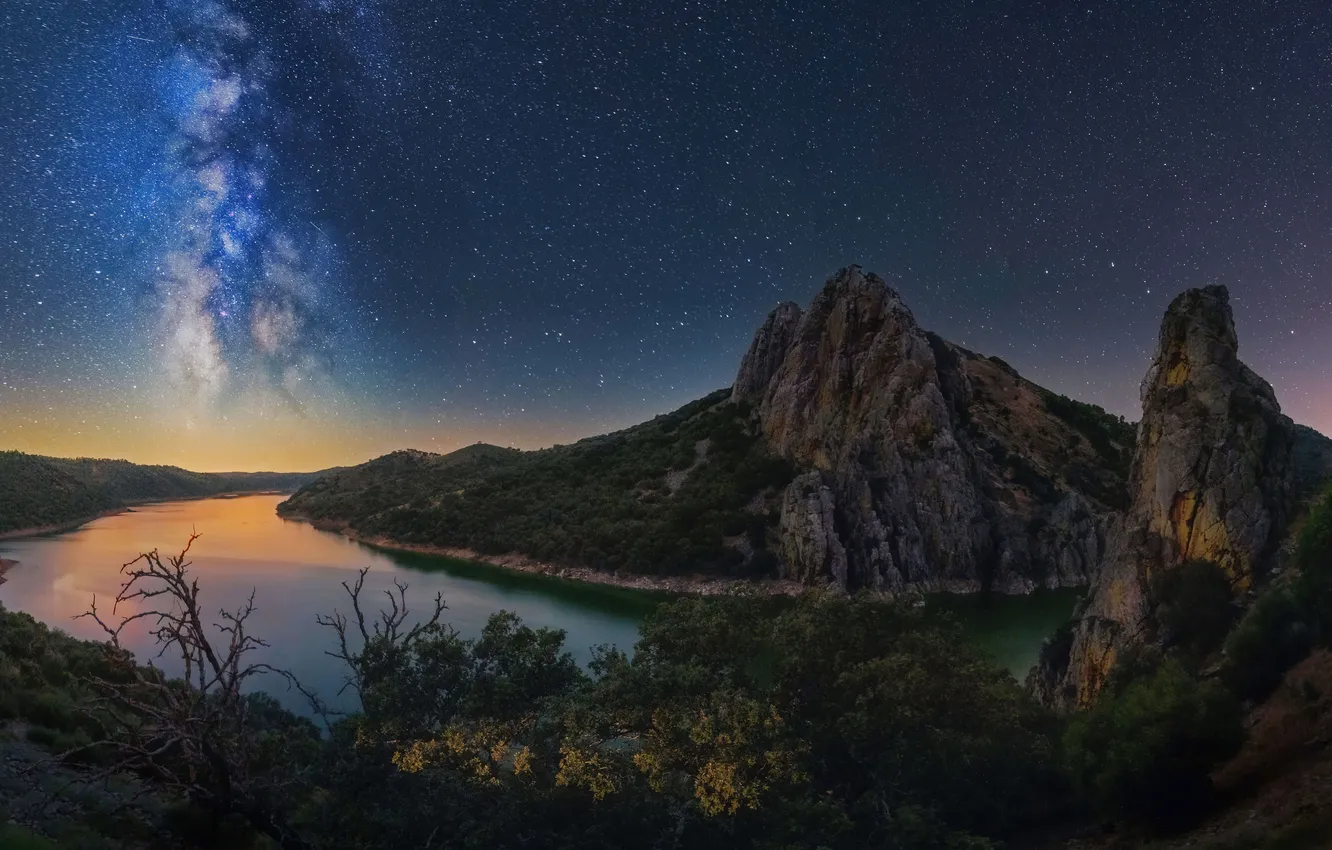 Photo wallpaper Mountains, Galaxy, Night, Stars, River, Stars, Galaxy, Night