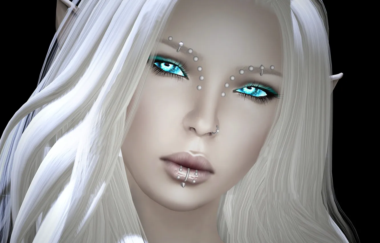 Photo wallpaper girl, face, elf, piercing, white hair, render