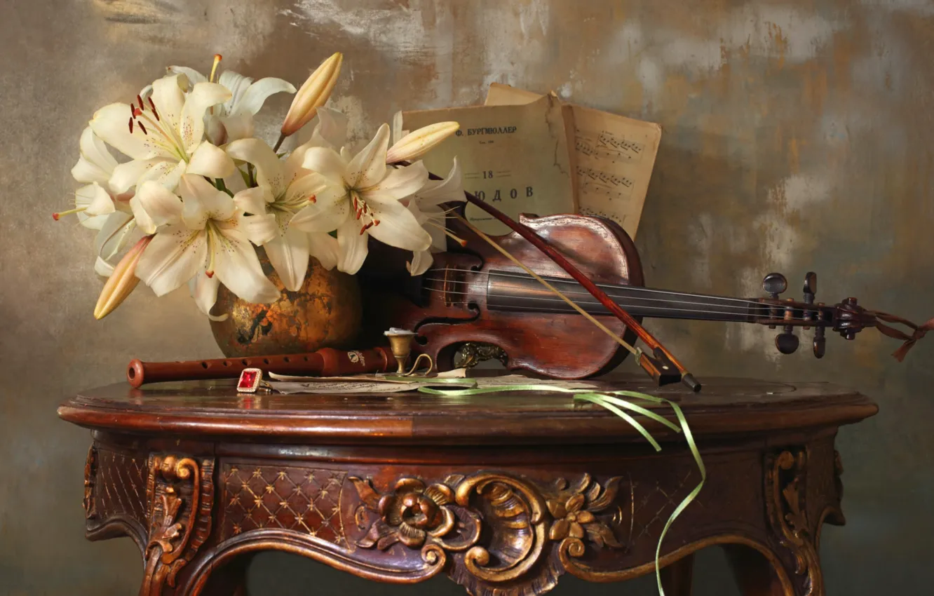 Photo wallpaper notes, violin, Lily, still life, ring, table, candle