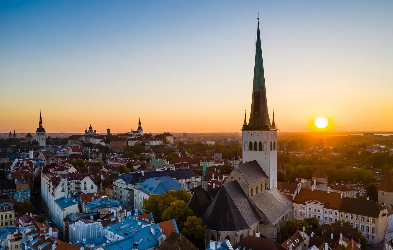 Photo wallpaper the sun, sunset, the city, tower, home, the evening, roof, Tallinn