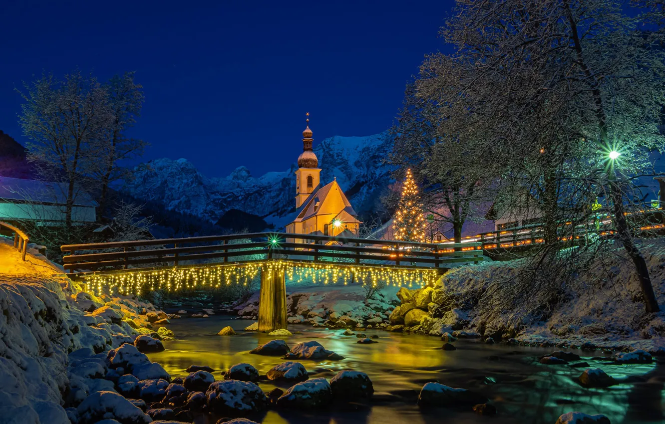 Photo wallpaper winter, snow, landscape, mountains, night, nature, river, stones