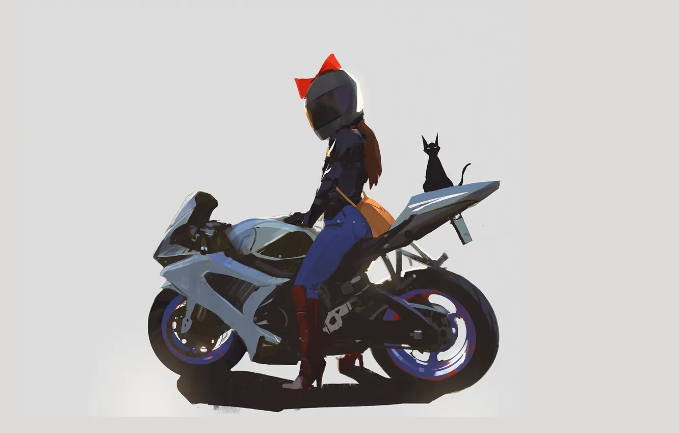 Photo wallpaper shadow, boots, motorcycle, bag, grey background, black cat, Kiki's delivery service, Jiji