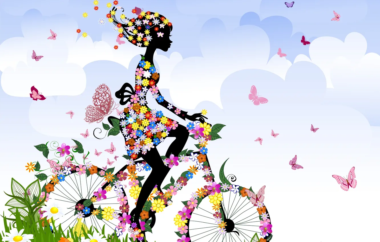 Photo wallpaper summer, the sky, grass, girl, clouds, butterfly, flowers, bike