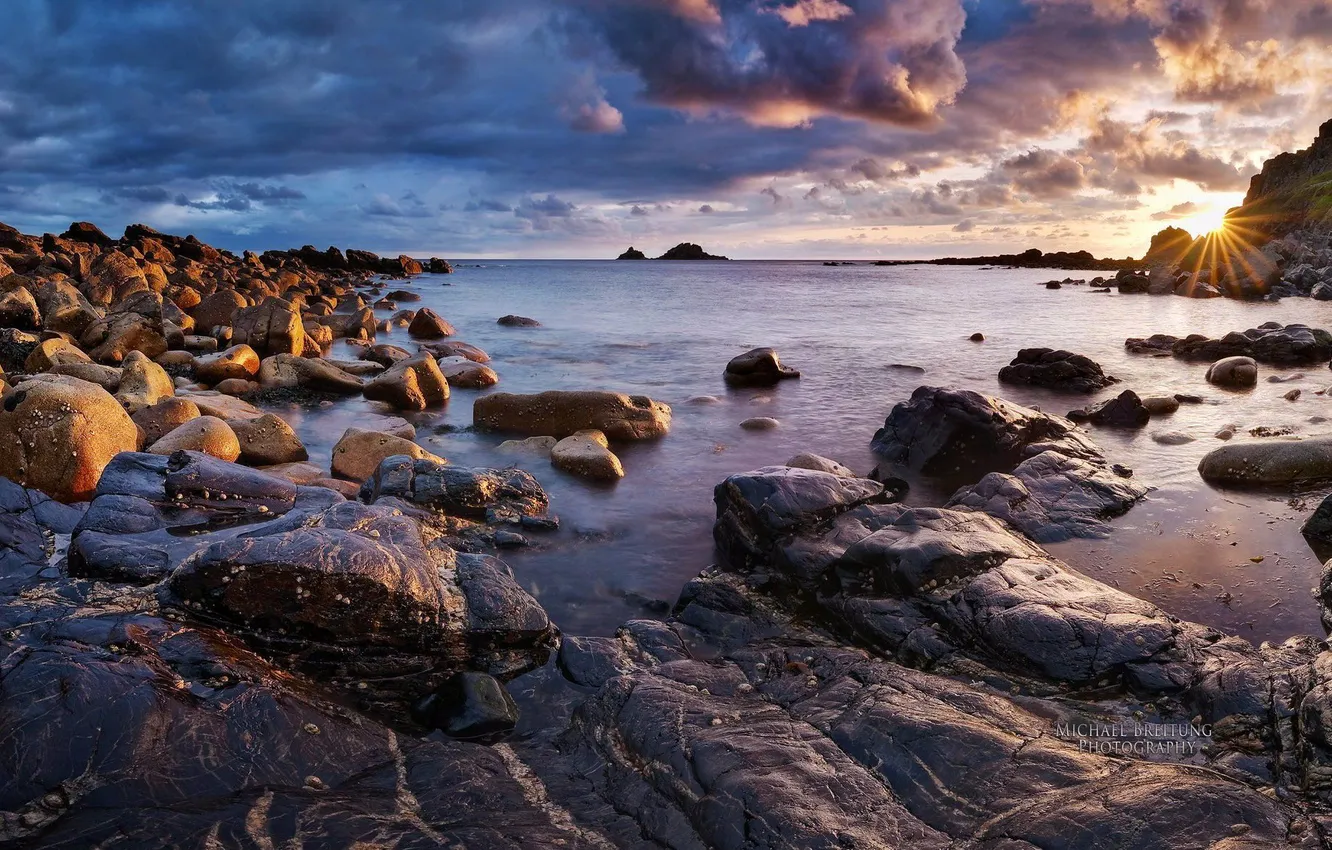 Photo wallpaper sea, the sky, clouds, sunset, stones, shore, sky, sunset