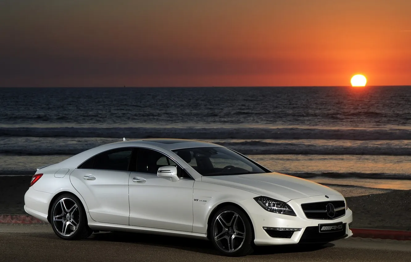 Photo wallpaper sea, white, sunset, Mercedes, CLS 63 AMG