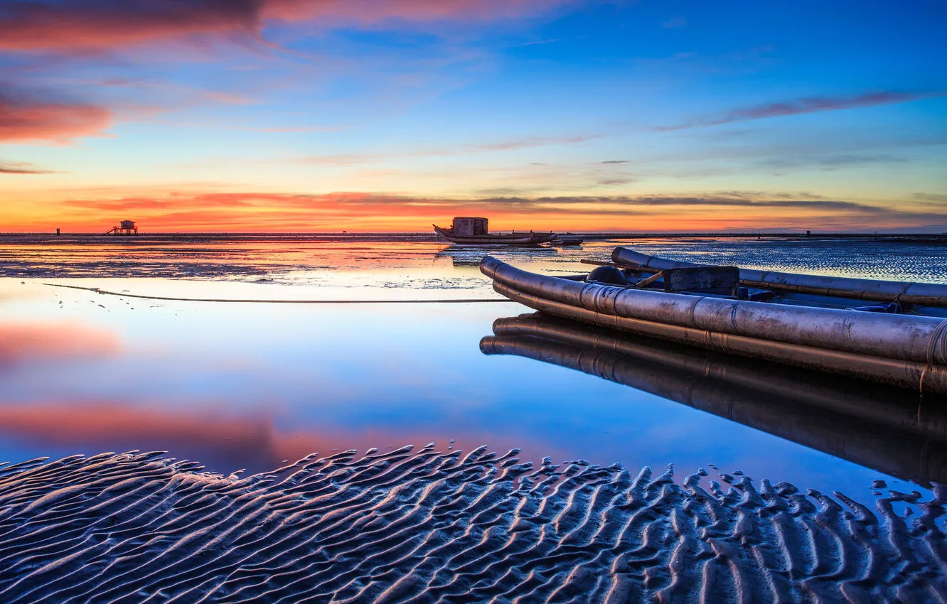 Photo wallpaper sand, sea, sunset, reflection, boat, tide, stranded, Barkas