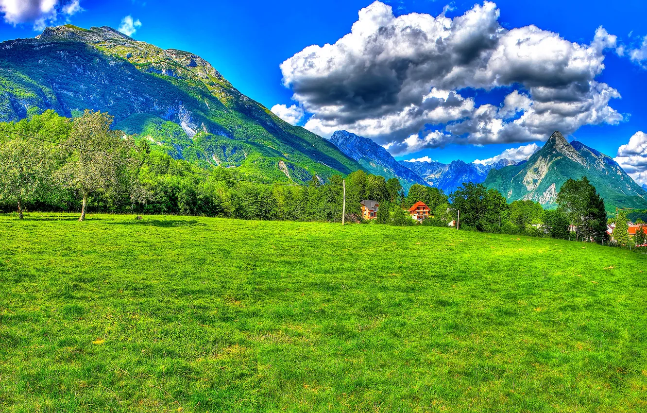 Photo wallpaper field, the sky, grass, the sun, clouds, trees, mountains, HDR