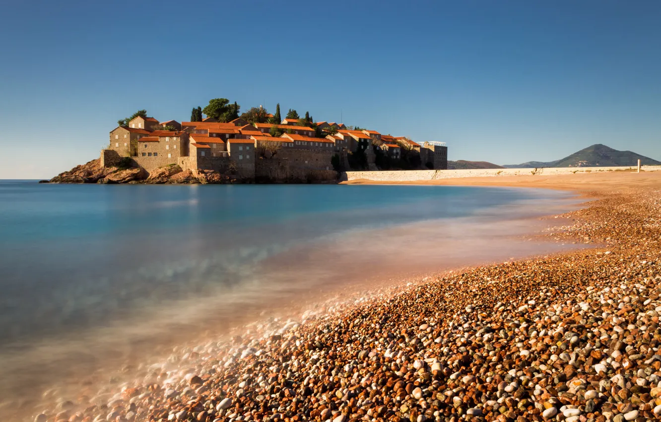 Photo wallpaper sea, shore, home, Montenegro, Budva, Sveti Stefan, Saint Stephen