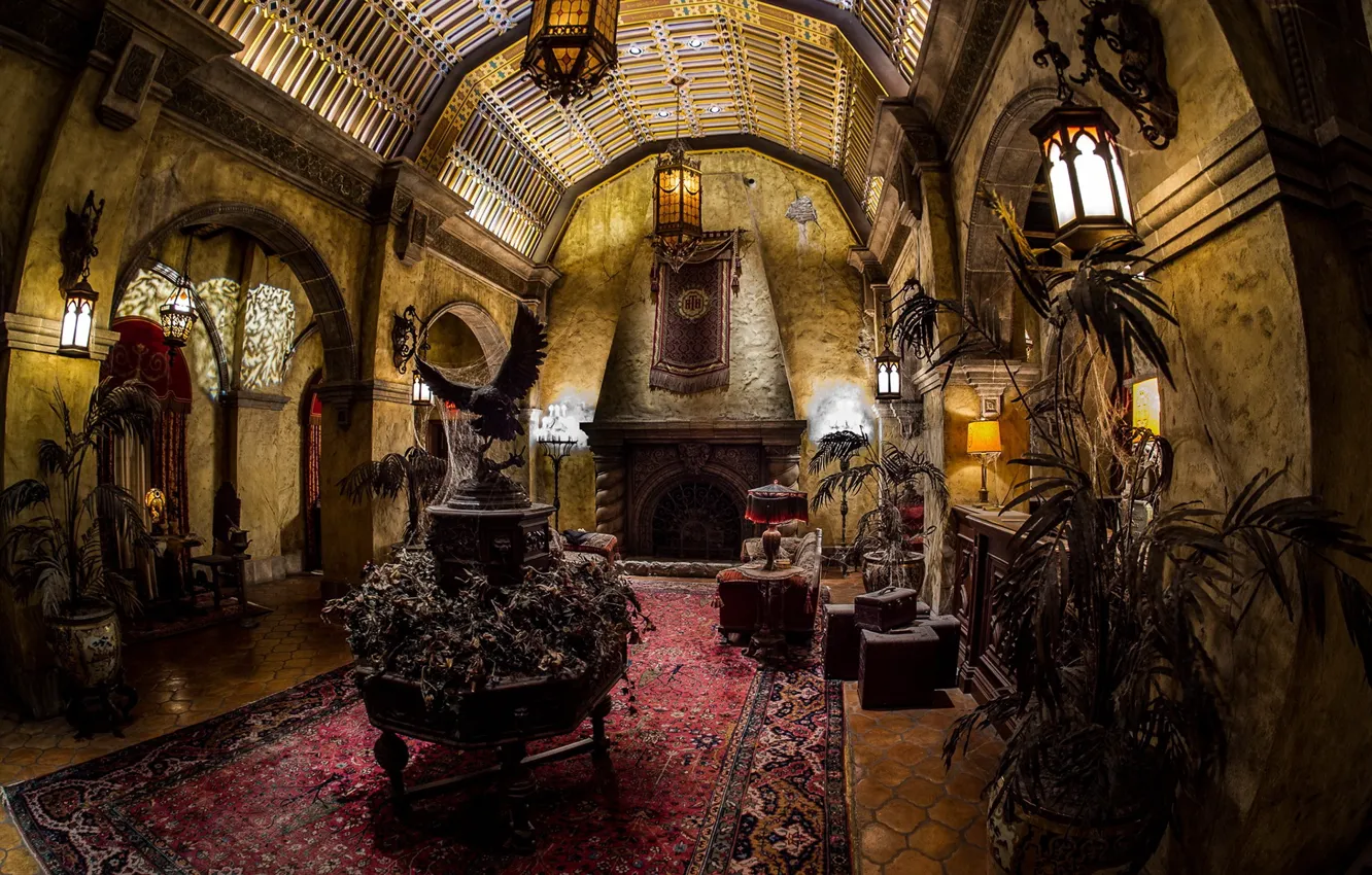 Photo wallpaper dirt, windows, crow, dust, tables, curtains, chimney