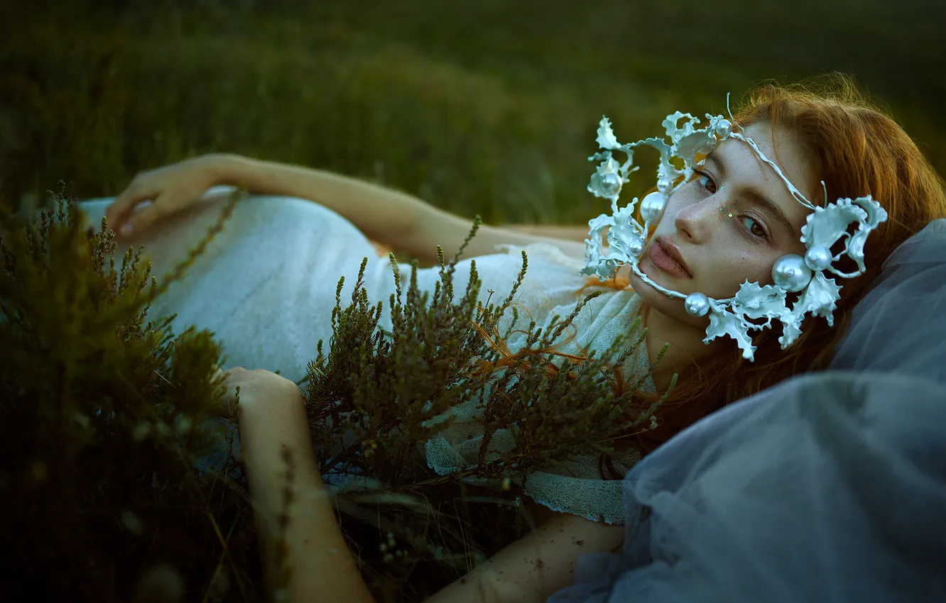 Photo wallpaper field, look, girl, decoration, nature, pose, style, bouquet