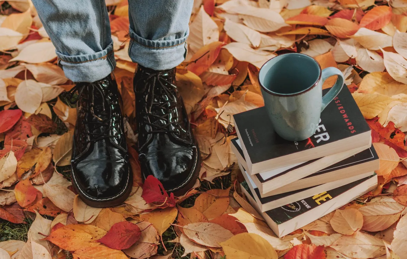 Photo wallpaper autumn, leaves, girl, feet, books, shoes, Cup