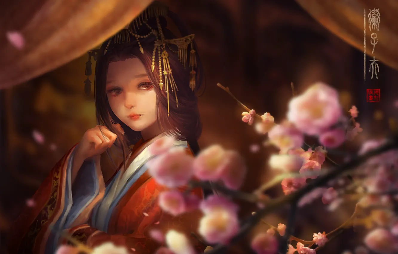 Photo wallpaper girl, flowers, petals, Sakura, kimono, curtains, clips, digital painting