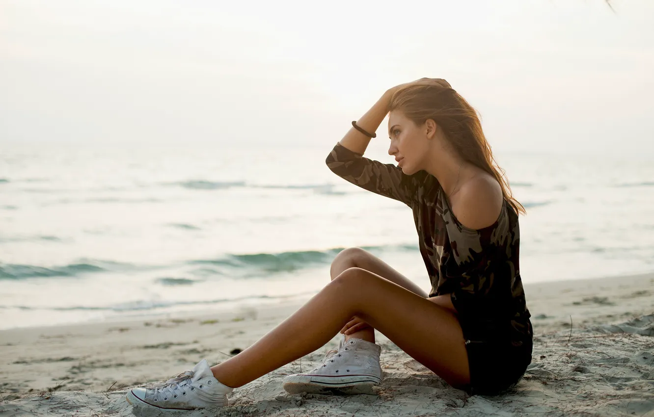 Photo wallpaper sea, girl, pose, coast, sneakers, legs, beauty, sitting