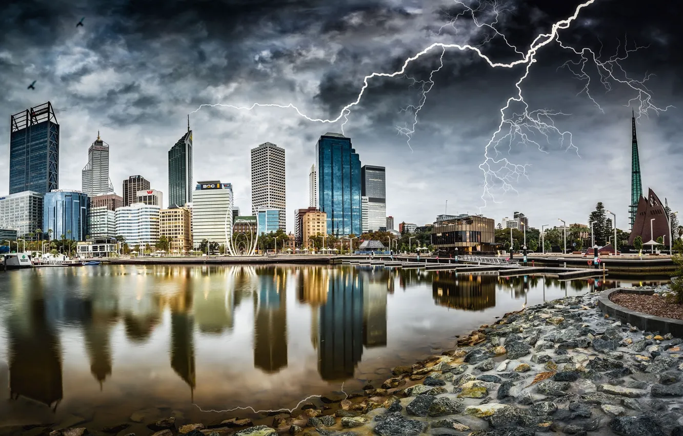 Photo wallpaper the storm, landscape, the city, element, lightning